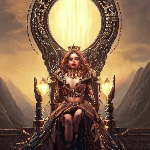 Prompt: a queen is sitting on her throne dressed in chains, beautiful highly detailed face, complementary lighting, backlit, black eyeshadow, grinning, adventure, dramatic lighting, landscape background, beautiful painting by artgerm and greg rutkowski and raymond swanland