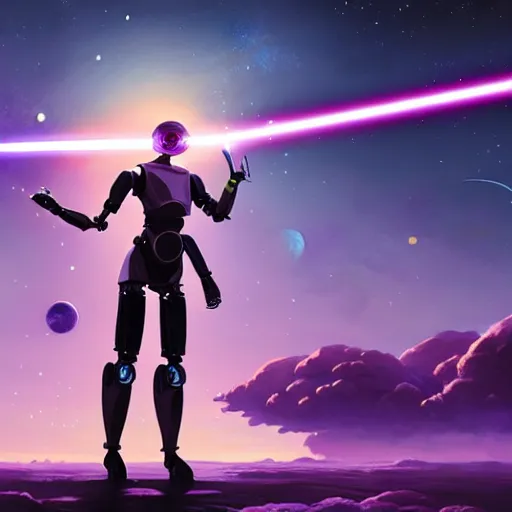 Image similar to humanoid robot in fighting stance wielding lightsaber in front of a violet planet in the sky, hubble, violet planet, stars, hyperrealistic, cinematic, by weta digital, epic action pose, behance hd by jesper ejsing, by rhads, makoto shinkai and lois van baarle, ilya kuvshinov, rossdraws global illumination