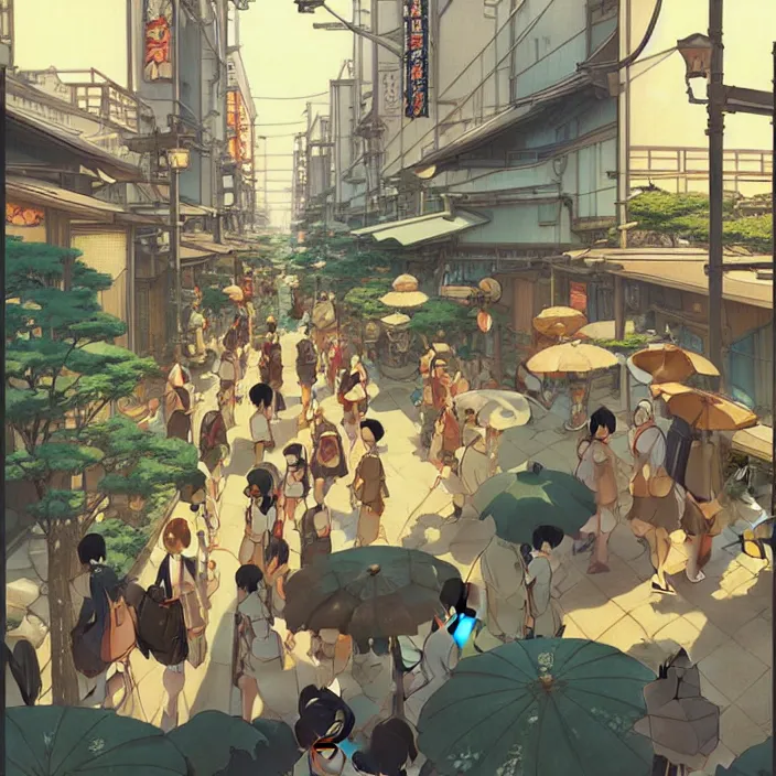 Image similar to japanese big city, summer, in the style of studio ghibli, j. c. leyendecker, greg rutkowski, artem