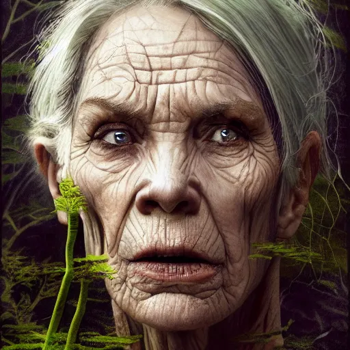 Prompt: fantasy portrait of an emaciated yet energetic old woman with silky, cloudy grey hair, black scars on her face, swamp vegetation in the background, nocturnal palette, art by greg rutowski, raphael lacoste, eddie mendoza, 4 k oil linen, soft green lighting