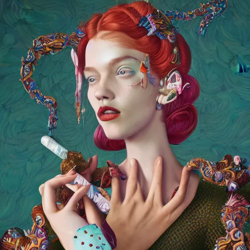 Image similar to pretty model with clouds and candy : : by martine johanna and simon stalenhag and chie yoshii and casey weldon and wlop : : ornate, dynamic, particulate, rich colors, intricate, elegant, highly detailed, vogue, harper's bazaar art, fashion magazine, smooth, sharp focus, 8 k, octane render