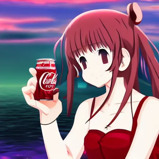 Image similar to Frederica Bernkastel drinking Coca-Cola, beautiful anime art, 4K