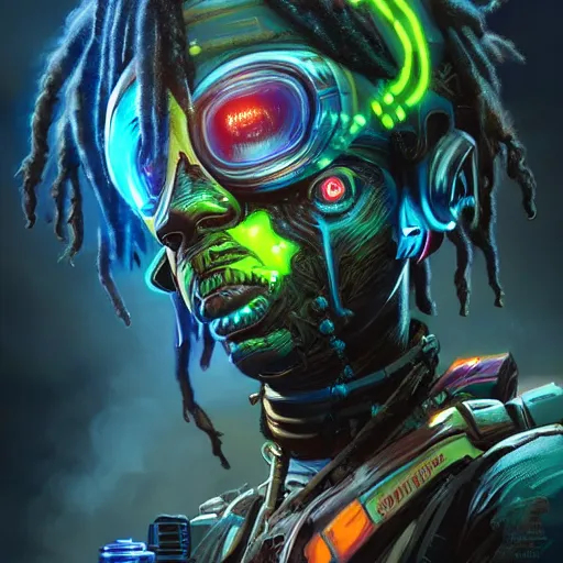 Prompt: a dark and ominous cyborg african child soldier with glowing eyes and dreadlocks, neon graffiti, Apex Legends character digital illustration portrait design, by android jones and greg rutkowski in a cyberpunk voodoo style, synthwave color scheme, detailed, cinematic lighting, wide angle action dynamic portrait