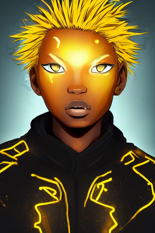 Prompt: golden glowing black male anime character, blonde hair, yellow eyes, symmetrical, highly detailed, digital art, sharp focus, trending on art station, crazy hair, electricity everywhere