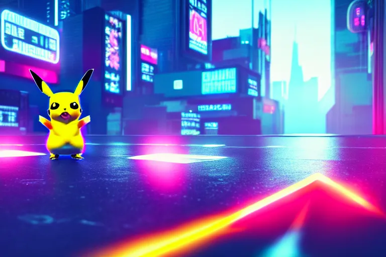 Image similar to a pikachu in a cyberpunk city. super realistic 8 k render of a elegant, cinematic composition