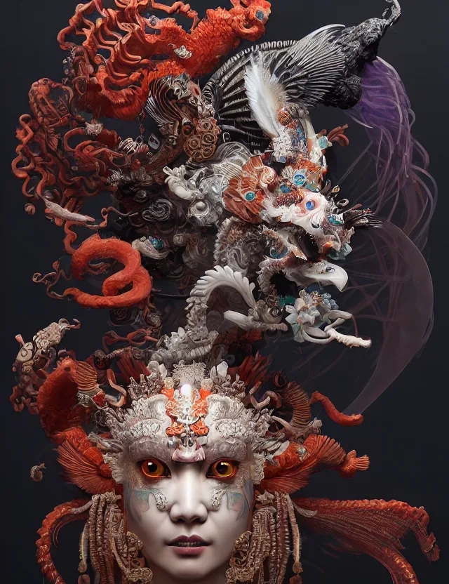 Image similar to 3 d goddess of hell close - up profile portrait with ram skull. beautiful intricately detailed japanese crow kitsune mask and clasical japanese kimono. betta fish, jellyfish phoenix, bio luminescent, plasma, ice, water, wind, creature, artwork by tooth wu and wlop and beeple and greg rutkowski