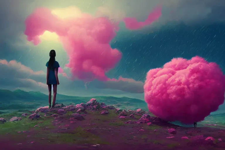 Image similar to giant pink flower as a head, girl standing on mountain, surreal photography, stars, dramatic light, impressionist painting, storm clouds, digital painting, artstation, simon stalenhag