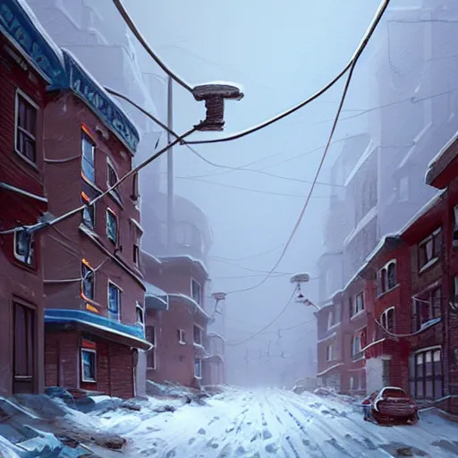 Prompt: a snow covered street with buildings and power lines, concept art by Simon Stålenhag, cgsociety, plein air, concept art, artstation hq, matte drawing