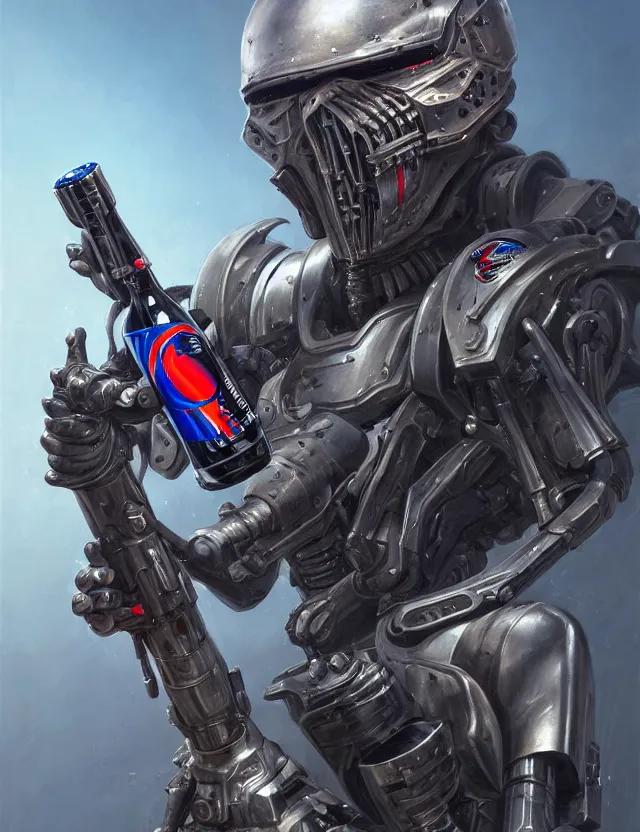 Image similar to a portrait of a tactical exoskeleton with miniguns painted with the pepsi logo, by moebius and tyler edlin and hr giger, trending on artstation, digital art, 4 k resolution, detailed, high quality, sharp focus, hq artwork, coherent, insane detail, concept art