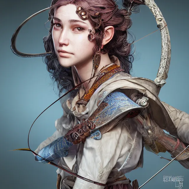 Image similar to the portrait of lawful neutral semi - colorful female archer huntress as absurdly beautiful, gorgeous, elegant, young girl, an ultrafine hyperdetailed illustration by kim jung gi, irakli nadar, intricate linework, bright colors, octopath traveler, final fantasy, unreal engine 5 highly rendered, global illumination, radiant light, detailed and intricate environment