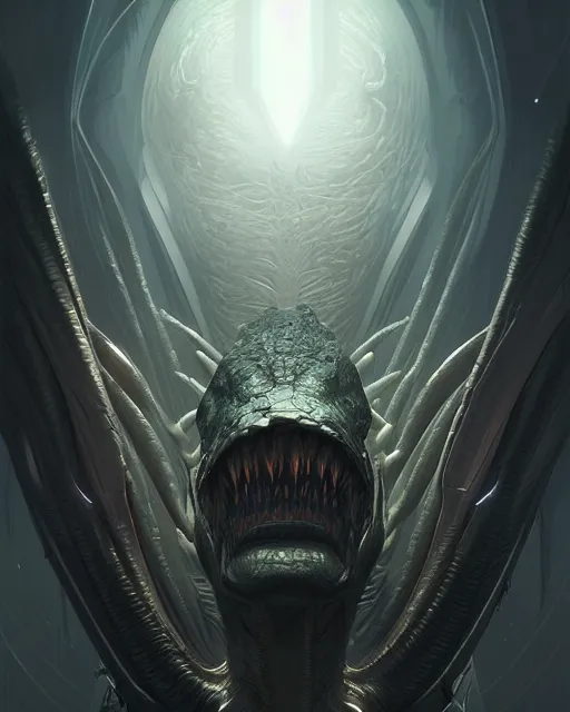 Image similar to professional concept art portrait of a predatory alien species in a dark room by artgerm and greg rutkowski. an intricate, elegant, highly detailed digital painting, concept art, smooth, sharp focus, illustration, in the style of cam sykes, wayne barlowe, igor kieryluk.