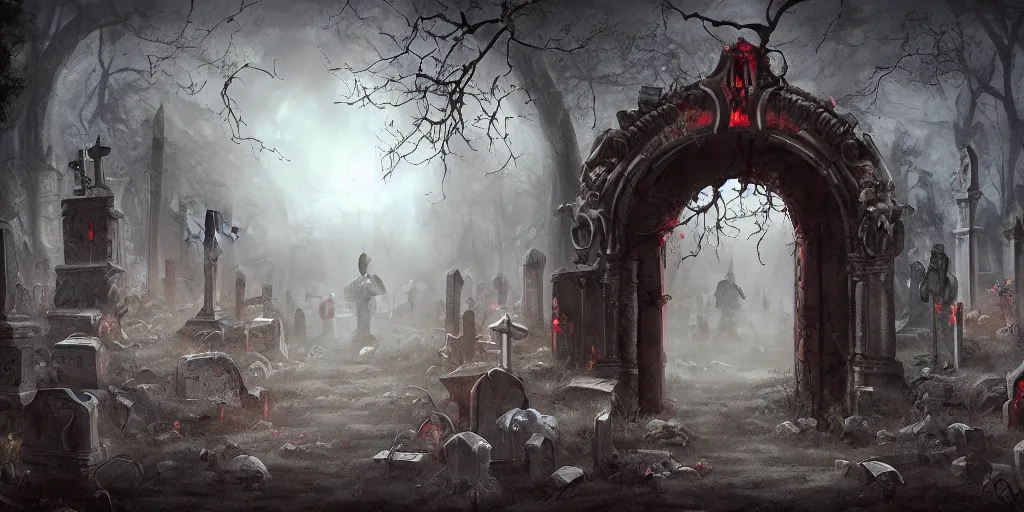 Prompt: portal to a hell dimension full of pain and misery, in a cemetery, in the style of Raymond Swanland