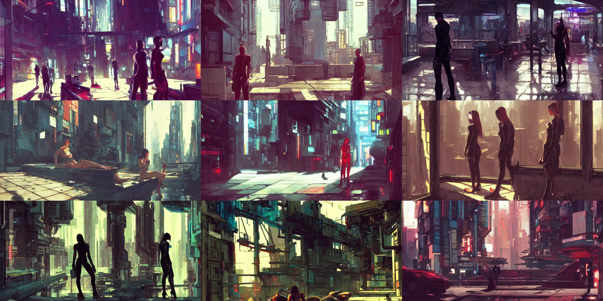 Prompt: A cyberpunk scene painted by John William Waterhouse and Ilya Kuvshinov and Edward Hopper. HD