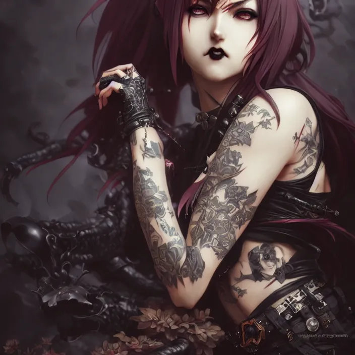 Prompt: anime female, fangs, goth, tattoos, leather, fantasy, intricate details, eerie, highly detailed, octane render, 8 k, art by artgerm and alphonse mucha and greg rutkowski