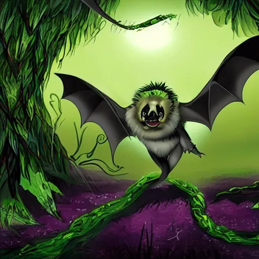 Image similar to a giant bat monster eating a baby harp seal, dark alien world with deep purple and green vines, swamp, genndy tartakovsky, primal, scary lighting, clear focus, very coherent