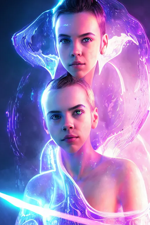 Image similar to a photographic portrait of an attractive young girl, partially clothed in ethereal battle armor, surrounded by colorful transparent plasma, emitting psychic powers, beautiful bone structure, perfectly symmetrical face, perfect eyes, intricate, elegant, ultra-detailed, digital painting, concept art, illustration, sharp focus, minimal artifacts, volumetric lighting, from Valerian and the City of a Thousand Planets, in the style of Artgerm and Loish, fantasy scene, fantasy aesthetic, trending on Artstation and Tumblr, award winning