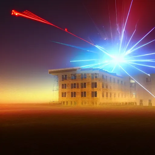 Image similar to building being destroyed by laser strike from the sky, 4k render, viewed from a distance