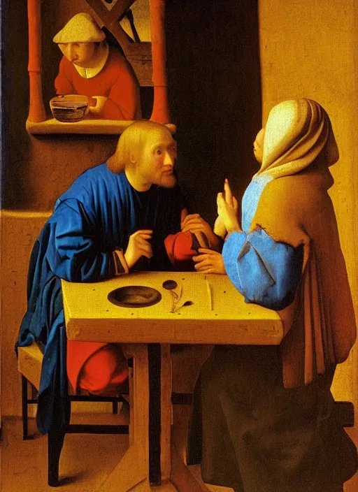 Prompt: young man at the table with young pretty blonde girl at the crowded tavern in the evening. medieval painting by jan van eyck, johannes vermeer