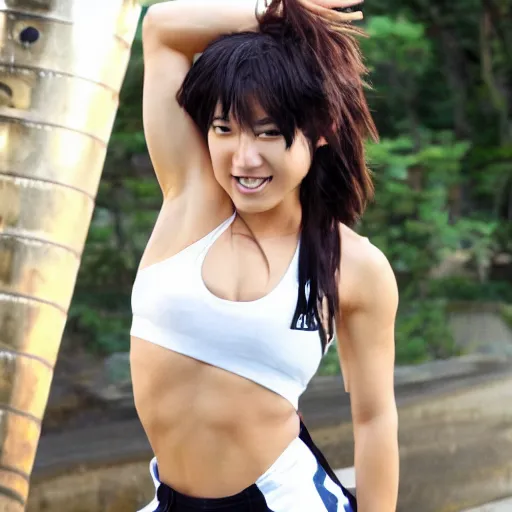 Prompt: “an action photoshoot of akane owari, akane owari danganronpa, a toned Japanese young woman with dark tanned skin and wild wavy brown hair in a bob, hazel eyes, athletic fashion photography, sparring, dynamic pose, young and beautiful, white tank top, magazine cover, Japanese facial features, full of energy”