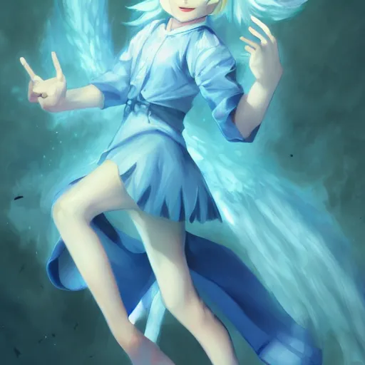 Prompt: cirno from touhou flying, matte painting by ross tran, artstation, perfect face, high detail