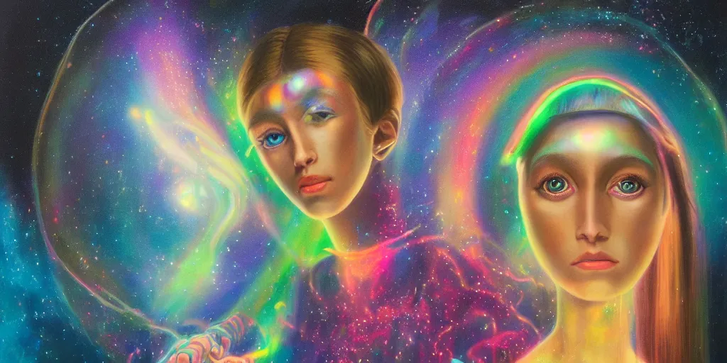 Image similar to patron saint of 🛸🌈👩🏾, futuristic iridescent clothing, wormhole, nebula, black hole, multiverse, neon god of city character portrait, in the style of margaret keane, moebius, tom bagshaw, and waterhouse, cinematic lighting, beautiful, elegant, oil painting,