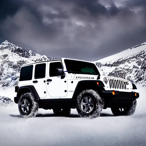 Prompt: white jeep wrangler driving on top of snowy mountain cornice, high quality digital art, dramatic lighting, cinematic, photo realism