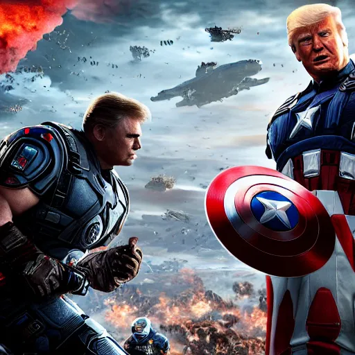 Image similar to Portrait of Donald Trump as captain america in Gears of War, splash art, movie still, cinematic lighting, dramatic, octane render, long lens, shallow depth of field, bokeh, anamorphic lens flare, 8k, hyper detailed, 35mm film grain