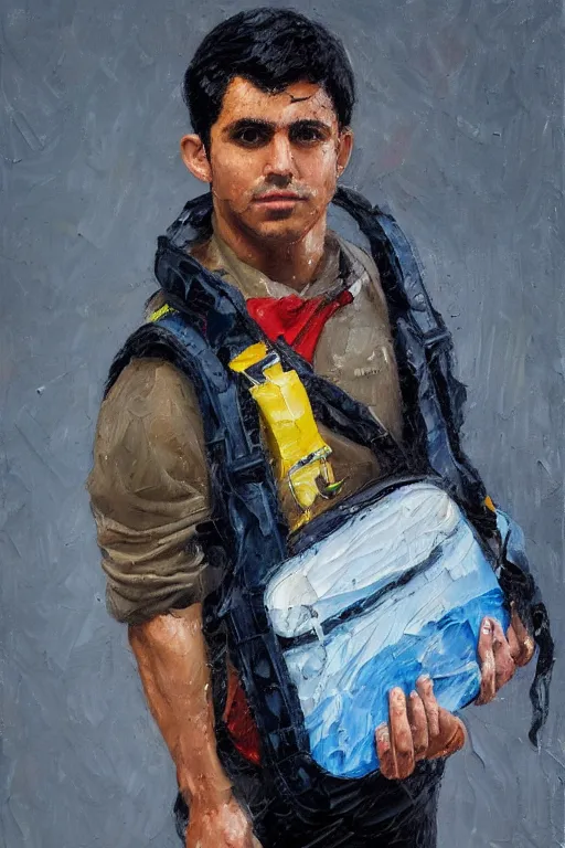 Prompt: palette knife oil painting portrait of juan delamar, a lean, dark haired young man of below average height, carrying a duffel bag with swin gear. blank, quiet, numb, extreme detail, artstation trending, artgerm, any racial background, deviant art, octane, substance, art history 8 k