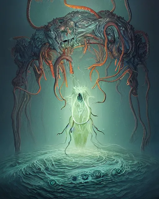 Prompt: a boss - level - meat - creature emerges from the ethereal mist, lovecraftian, hypnotic bioluminescence, by james jean and dariusz zawadzki, trending on artstation.