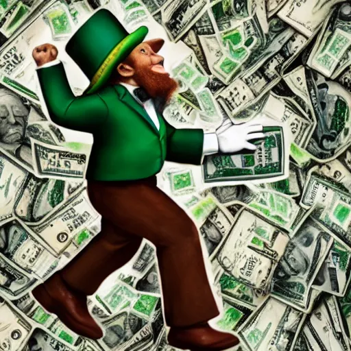 Prompt: photograph of a leprechaun is running out of a bank vault holding a duffel bag overflowing with cash, detailed, 4k