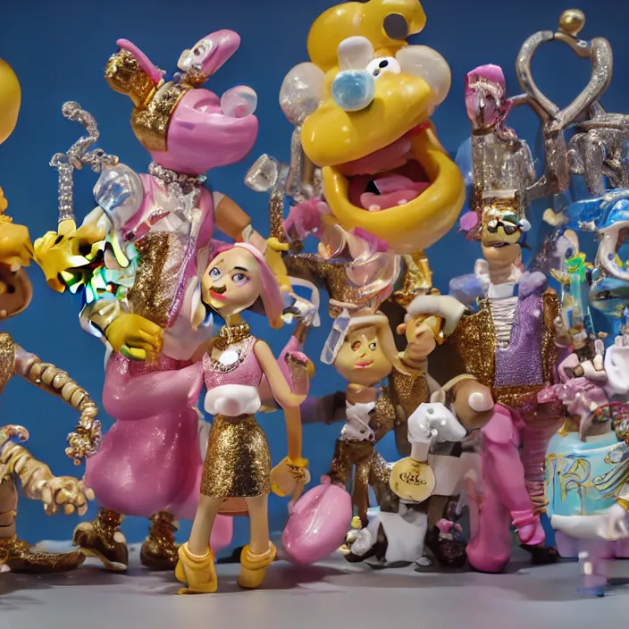 Image similar to jeff koons hip hop bauhaus style street sharks sailor moon wearing diamond grillz and a ton of bussdown iced gold bling in wallace & gromit strata - cut claymation, ultra realistic, concept art, intricate details, serious, highly detailed, photorealistic, octane render, 8 k, unreal engine, art by todd mcfarlane