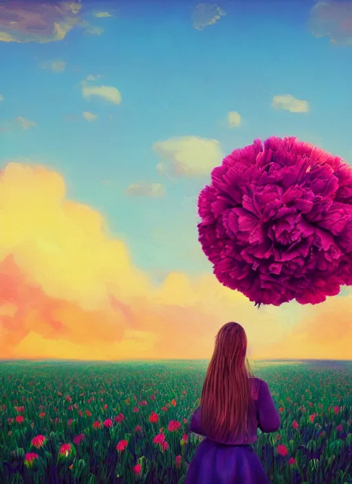 Image similar to woman with a giant carnation head, flower field, surreal photography, sunset dramatic light, impressionist painting, colorful clouds, blue sky, digital painting, artstation, simon stalenhag