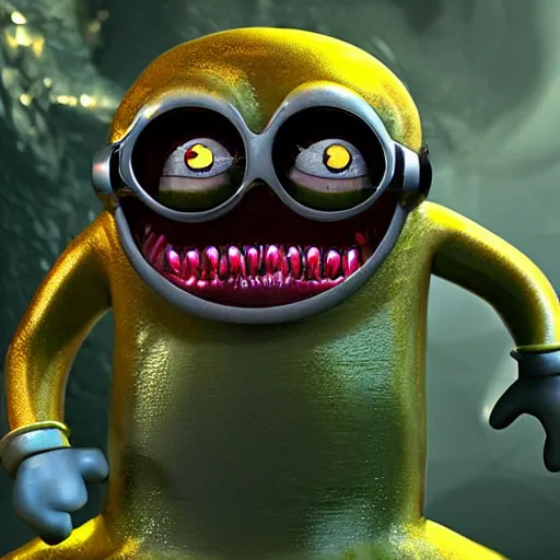 Image similar to glistening slimy minion with sharp teeth rising from the abyss, horrifying atmosphere, photorealistic
