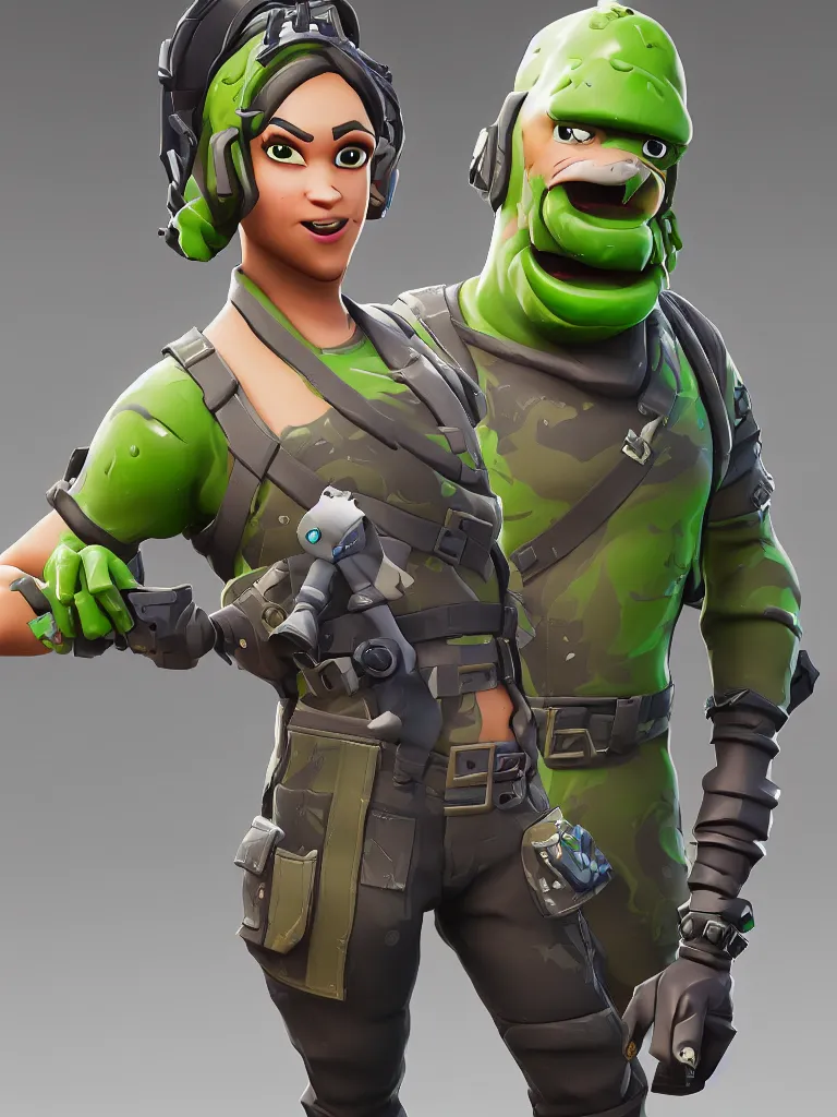 Prompt: fortnite character anthropomorphic pickle kind eyes and a derpy smile. flak jacket ammo bandolier cargo pants black combat boots. fortnite, unreal engine, highly detailed