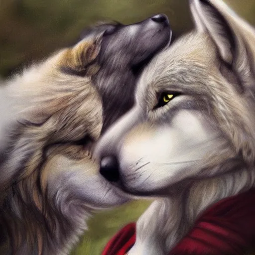 Image similar to two wolf girls kissing, detailed, realistic