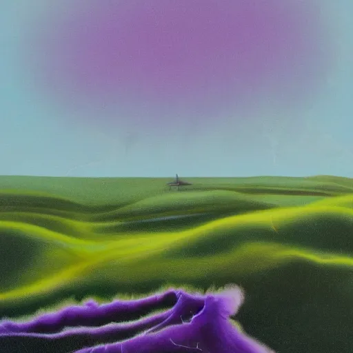 Prompt: a purple tornado in the distant landscape