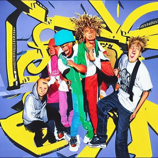 Image similar to 9 0 s cd album cover, four boring kids from the suburbs with bad hair doing ridiculous poses, rap - rock album cover, outrageous album cover design by pen and pixel