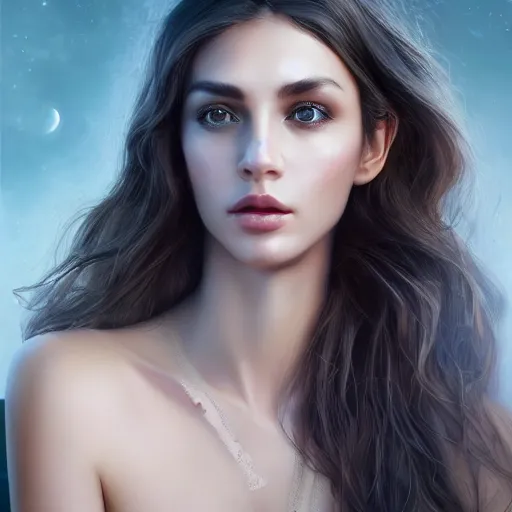 Prompt: a sad gorgeous female, photo, professionally retouched, soft lighting, wearing sundress, illuminated by moonlight, realistic, smooth face, tanned goddess, luscious lips, perfect eyes, wide angle, sharp focus on eyes, 8 k high definition, insanely detailed, intricate, elegant, art by artgerm and wlop