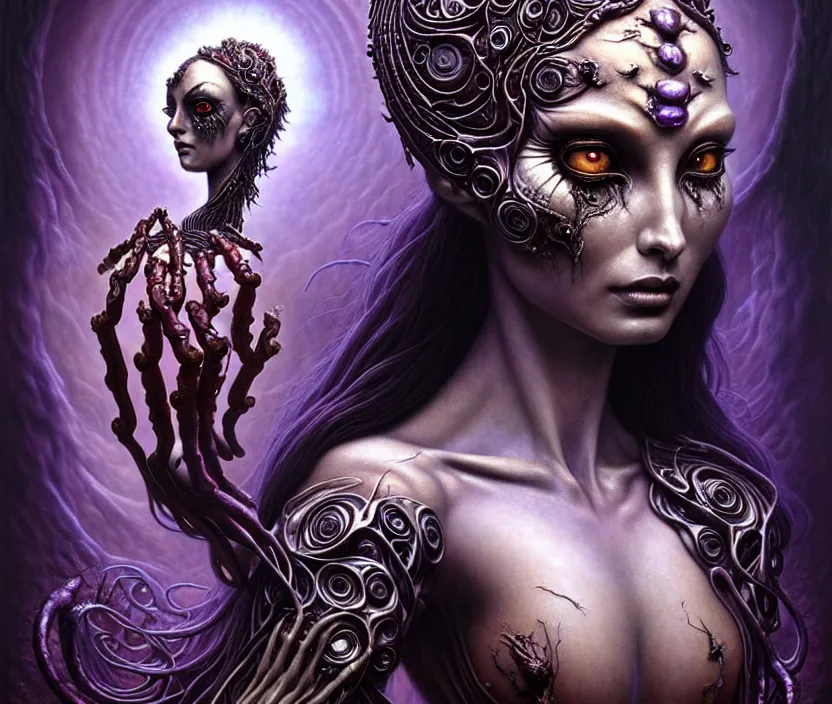 Image similar to A beautiful detailed alien goddess woman with 6 arms super dark tarot card, gorgeous model face by Stanley Artgerm, by tomasz alen kopera and Justin Gerard, 4 eyes, beautiful symmetrical features, ominous, magical realism, melting, texture, intricate, ornate, royally decorated, melting, whirling smoke, embers, purple adornments, blue torn fabric, radiant colors, fantasy, trending on artstation, volumetric lighting, micro details, 3d sculpture, ray tracing, 8k, anaglyph effect