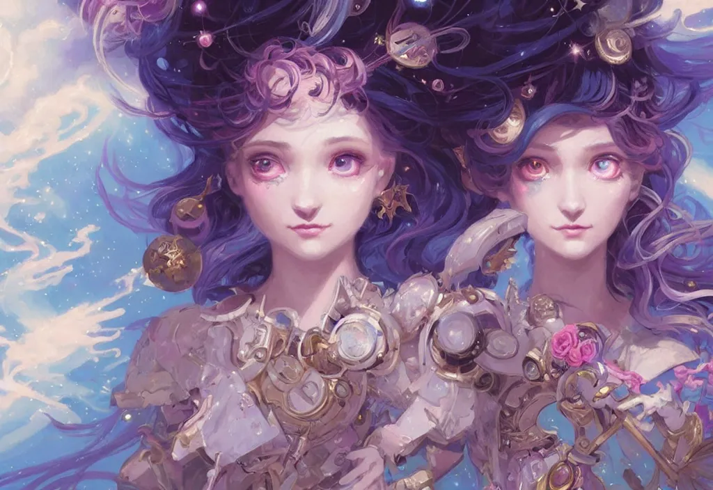 Image similar to close up picture of an maximalist dress magical girl, neat hair with bangs, smug face, extremely beautiful and aesthetic and detailed cute face and eyes, wipe out evils with cute astronaut familiar sprites, aming the magical beams to the camera, chiaroscuro, intricate, masterpiece, epic fantasy illustrations by peter mohrbacher and anato finnstark and jeremy lipking