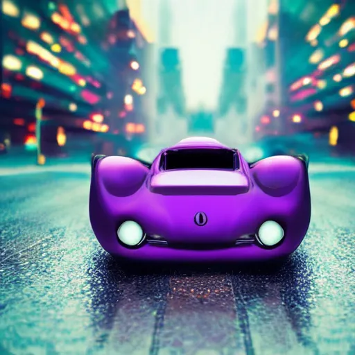 Prompt: a cat driving a fast car in the rain in the city, futuristic, purple