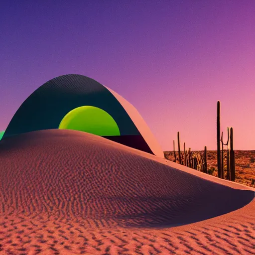 Image similar to a building buried in a desert dune, surreal, neon lights, james turrel, minimalist architecture,