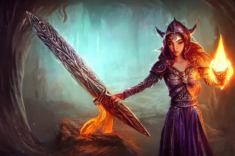 Image similar to ultra detailed fantasy, a beautiful magician with a fireball in right her hand, an ice sword in her left hand, realistic, dnd, rpg, lotr game design fanart by concept art, behance hd, artstation, deviantart, global illumination radiating a glowing aura global illumination ray tracing hdr render in unreal engine 5