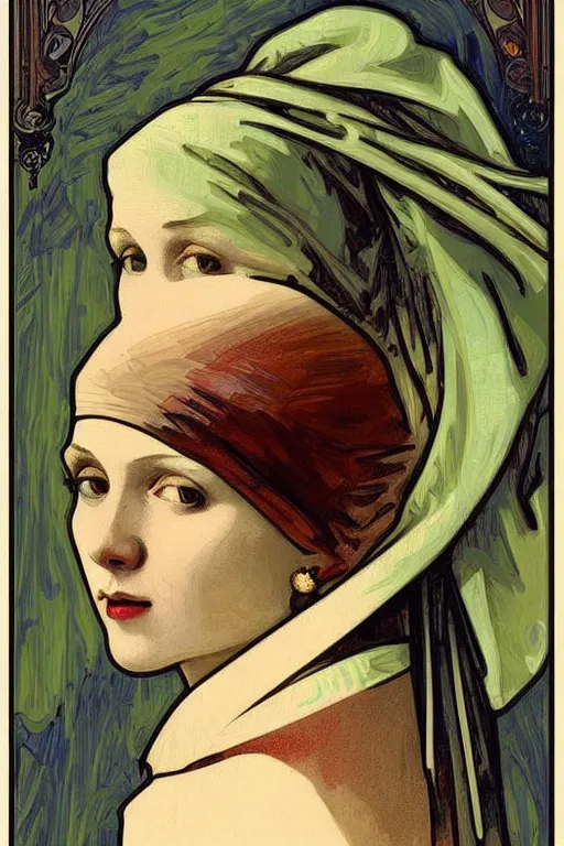 Prompt: Girl with a pearl earring realistic detailed by Alphonse Mucha, Art Nouveau, Neo-Gothic, gothic, rich deep moody colors background.