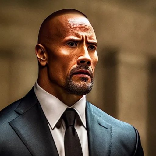 Prompt: a close up cinematic still of Dwayne Johnson in John Wick