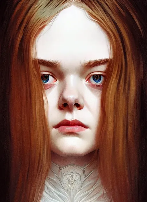 Image similar to symmetry!! portrait of elle fanning in prey, horror, fashion, dark!! intricate, elegant, highly detailed, digital painting, artstation, concept art, smooth, sharp focus, illustration, art by artgerm and frank frazetta and alphonse mucha