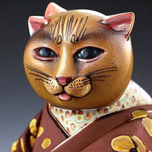 Image similar to demure anthropomorphic cat figurine wearing a kimono, brown resin, highly detailed, intricate, monotone
