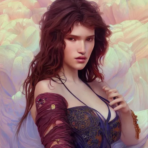 Image similar to ultra realistic illustration, bella thorne as 7 or 9, intricate, elegant, highly detailed, digital painting, artstation, concept art, smooth, sharp focus, illustration, art by artgerm and greg rutkowski and alphonse mucha