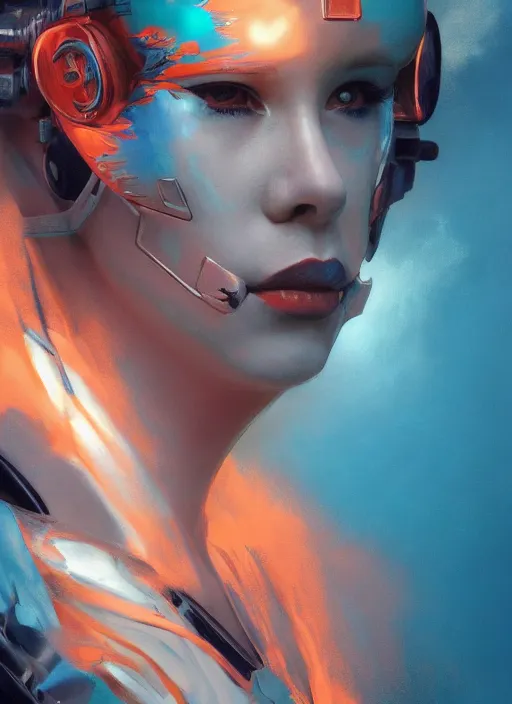 Image similar to symmetry!!! closeup portrait! of a samurai cyborg girl, racer jumpsuit, in clouds, cinematic light, windy, teal orange, volumetric smoke, by gerald brom, by mikhail vrubel, by peter elson, muted colors, extreme detail, trending on artstation, 8 k