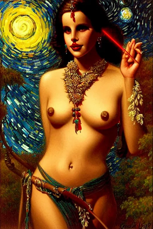 Image similar to attractive lana del rey as a shiva playing pinao, starry night, painting by gaston bussiere, craig mullins, j. c. leyendecker